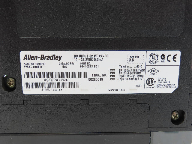 Allen Bradley 1756-IB32 ControlLogix DC Input Module 32pt F/W 3.5 REV B02 Ser B