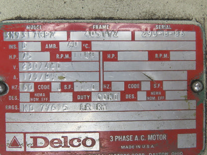 Delco 3N9317CPZ Electric Motor 75Hp 405TYZ 230/460V 3Ph 1180RPM