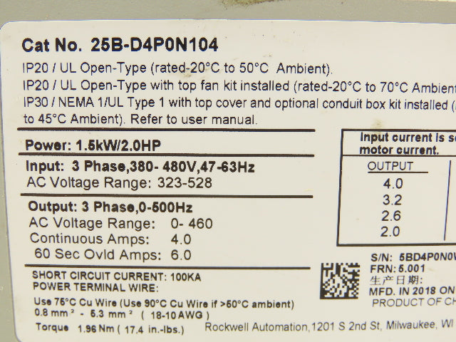 Allen Bradley 25B-D4P0N104 Power Flex 525 AC Drive 380-480V 1.5kW 2Hp 3Ph Ser A