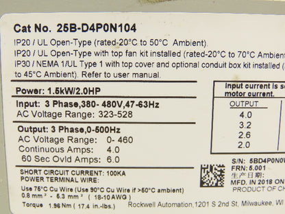 Allen Bradley 25B-D4P0N104 Power Flex 525 AC Drive 380-480V 1.5kW 2Hp 3Ph Ser A