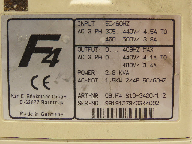 KEB 09.F4.S1D-3420 V1.2 Combivert AC Inverter Drive 3PH 2.8KVA 480V 3.4A