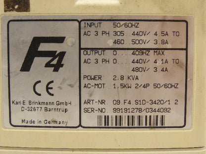 KEB 09.F4.S1D-3420 V1.2 Combivert AC Inverter Drive 3PH 2.8KVA 480V 3.4A