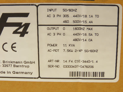 KEB 14.F4.C1E-3440 V1.4 Combivert AC Drive 3PH 11KVA 480V 14A 7.5KW