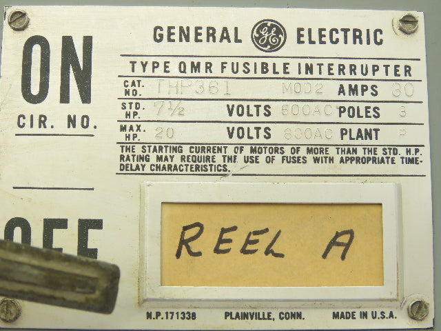 GE THP361 Fusible Panelboard Disconnect Switch Twin QMR 30A 600V 3 Pole