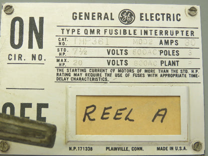 GE THP361 Fusible Panelboard Disconnect Switch Twin QMR 30A 600V 3 Pole