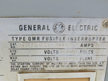 GE THPS365 Fusible Panelboard Disconnect Switch QMR 400A 600V 3 Pole