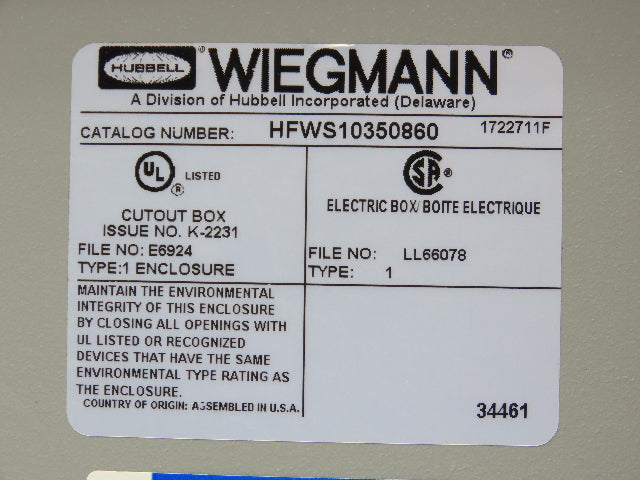 Wiegmann HFWS10350860 Electrical Enclosure JIC 14x12x6" NEMA Type 1