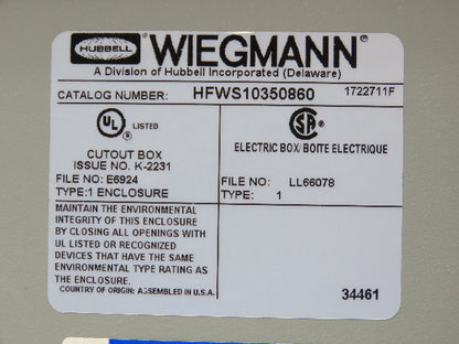 Wiegmann HFWS10350860 Electrical Enclosure JIC 14x12x6" NEMA Type 1
