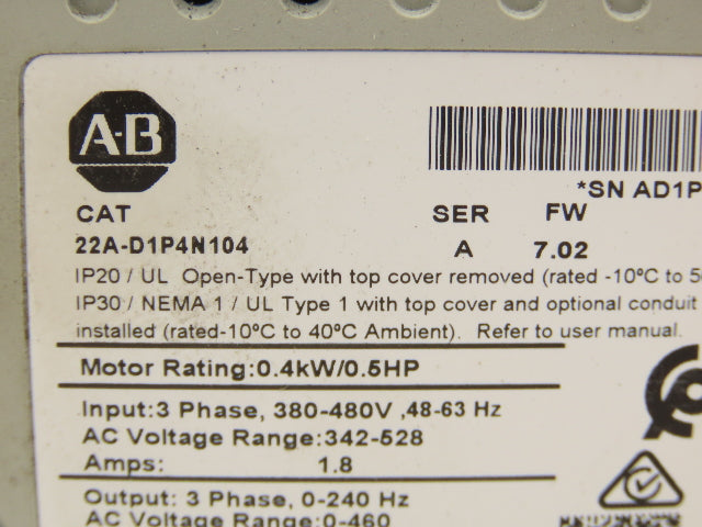 Allen Bradley 22A-D1P4N104 Powerflex 4 VFD Drive 0.5 HP 480V 1.4A FW 7.02 Ser A