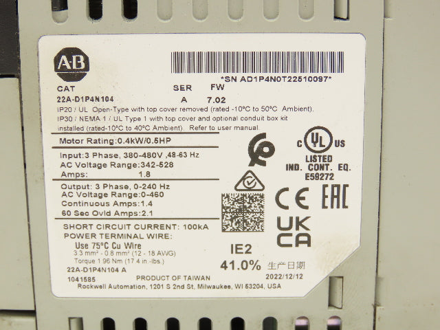 Allen Bradley 22A-D1P4N104 Powerflex 4 VFD Drive 0.5 HP 480V 1.4A FW 7.02 Ser A