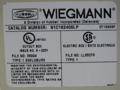 Wiegmann N1C162406LP Electrical Enclosure 24x16x6" Control Panel Switches 7x9"