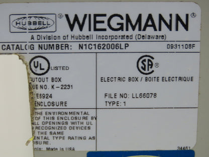 Wiegmann N1C162006LP Electrical Enclosure 20x16x6" Control Panel Switches 7x9"