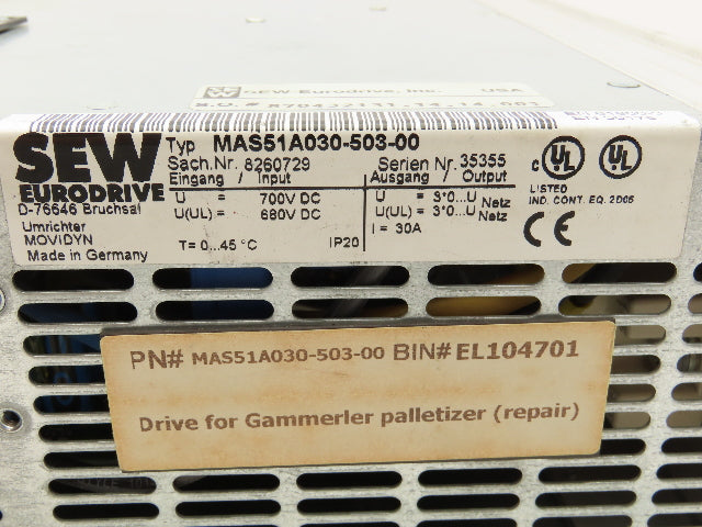 SEW Eurodrive MAS51A030-503-00 AC Servo Motor Drive Movidyn 700VDC 30A