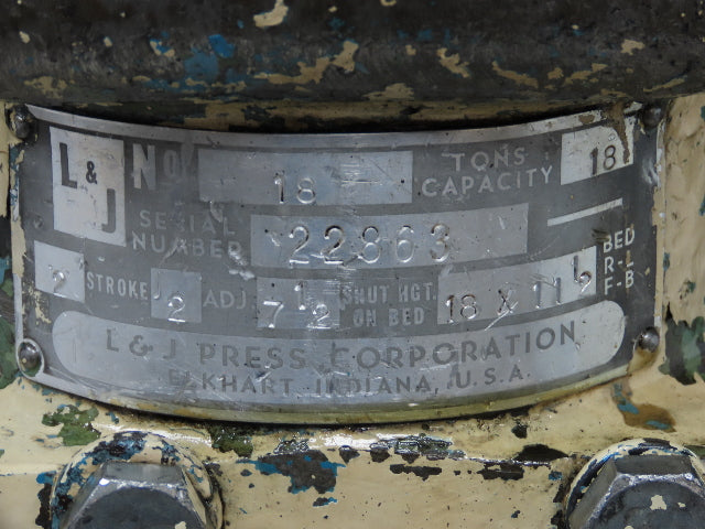 L&J No 18 Mechanical OBI Punch Press 18 Ton 2" Stroke 6" Throat 1.5Hp 3Ph
