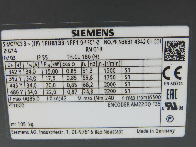 Siemens 1PH8133-1FF1 0-1FC1-Z Servo Motor 480V 3PH Encoder AM22DQ F35