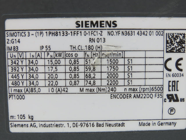 Siemens 1PH8133-1FF1 0-1FC1-Z Servo Motor 480V 3PH Encoder AM22DQ F35