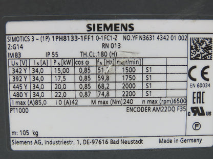 Siemens 1PH8133-1FF1 0-1FC1-Z Servo Motor 480V 3PH Encoder AM22DQ F35
