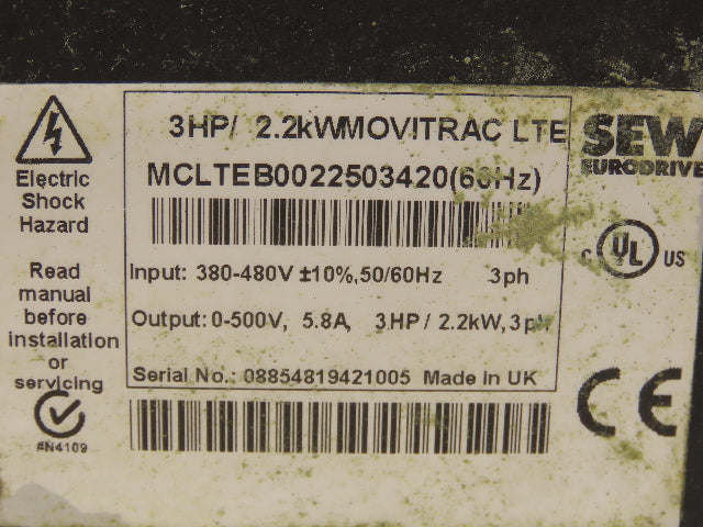 SEW Eurodrive MCLTEB0022503420 Movitrac LTE Drive 2.2KW 3HP 5.8A 3PH 0-500V