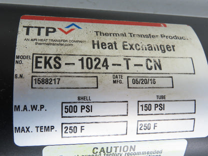 Thermal Transfer EKS-1024-T-CN Oil Cooler Shell & Tube Heat Exchanger 2-Pass