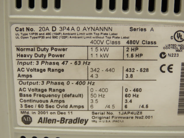 Allen Bradley 20AD3P4A0AYNANNN PowerFlex 70 Variable AC Drive VFD 2Hp 480V 3PH