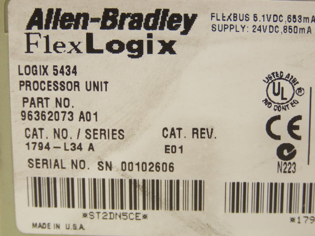 Allen Bradley 1794-L34 A Flex Logix 5434 Processor Unit  24VDC F/W REV 8.12
