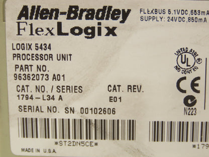 Allen Bradley 1794-L34 A Flex Logix 5434 Processor Unit  24VDC F/W REV 8.12