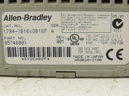 Allen Bradley 1794IB16X0B16P Flex I/O Sink Input/Source Output Ser A REV A01