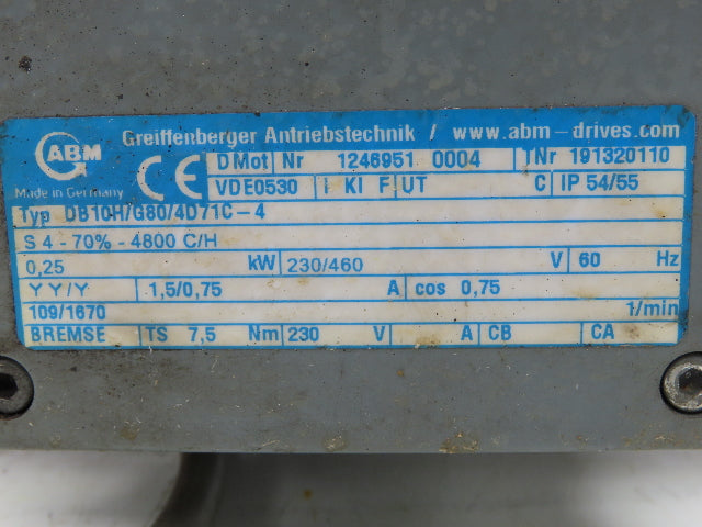 ABM DB10H/G80/4D71C-4 Inline Gearmotor w/Brake .25kw 230/460V 3PH 109rpm 15:1