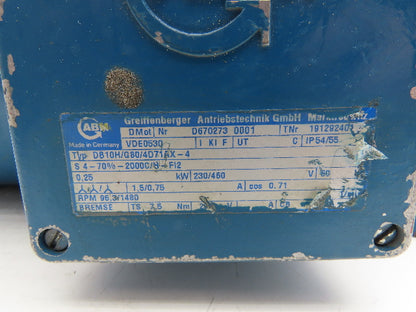 ABM DB10H/G80/4D71AX-4 Inline Gearmotor w/Brake .25kw 230/460V 3PH 96rpm 15:1