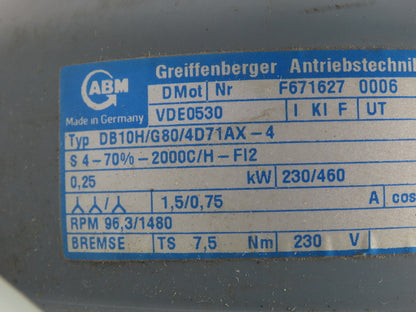 ABM DB10H/G80/4D71AX-4 Inline Gearmotor w/Brake .25kw 230/460V 3PH 96rpm 15:1