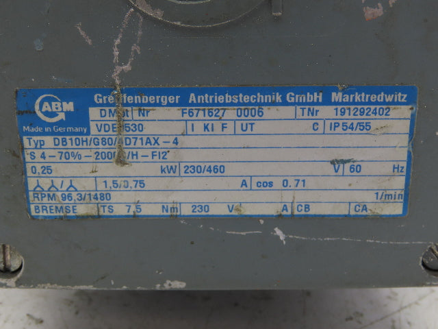 ABM DB10H/G80/4D71AX-4 Inline Gearmotor w/Brake .25kw 230/460V 3PH 96rpm 15:1