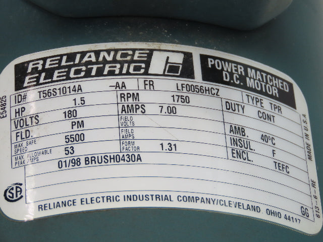 Reliance Electric T56S1014A DC Motor 180V 1.5Hp 7A 1750 RPM 56HC 7/8" Shaft
