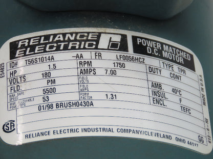 Reliance Electric T56S1014A DC Motor 180V 1.5Hp 7A 1750 RPM 56HC 7/8" Shaft