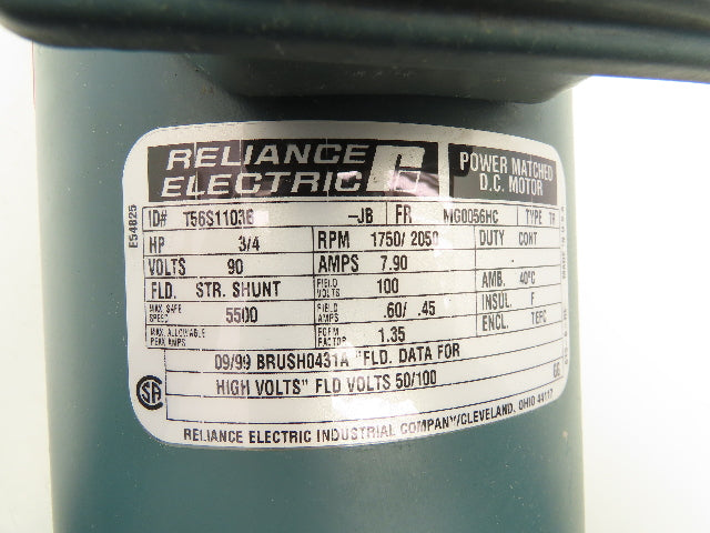 Reliance Electric T56S1103B DC Motor 90V 3/4Hp 7.9A 1750/2050 RPM 56HC Frame