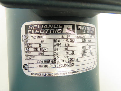 Reliance Electric T56S1103B DC Motor 90V 3/4Hp 7.9A 1750/2050 RPM 56HC Frame