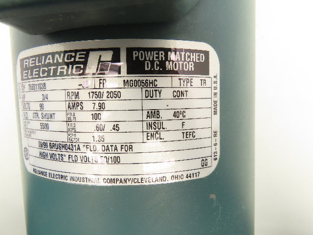 Reliance Electric T56S1103B DC Motor 90V 3/4Hp 7.9A 1750/2050 RPM 56HC Frame