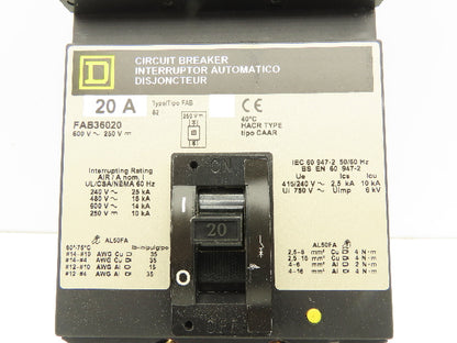 Square D FAB36020 I-Line Circuit Breaker 20A 600V 3 Pole Gray Face