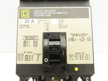 Square D FA36020 I-Line Circuit Breaker 20A 600V 3 Pole Gray Face
