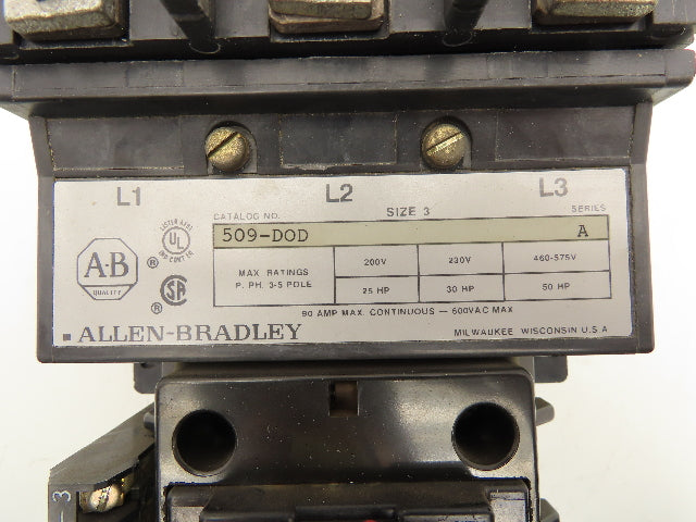 Allen-Bradley 509-DOD Non Reversing Starter 120 Coil 90A 460-575V 50HP 3 Pole