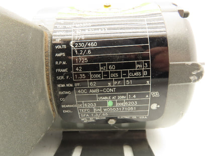 Baldor M3355 AC Motor 1/6Hp 1725 RPM 230/460V 3PH 42 Frame 3/8" Shaft