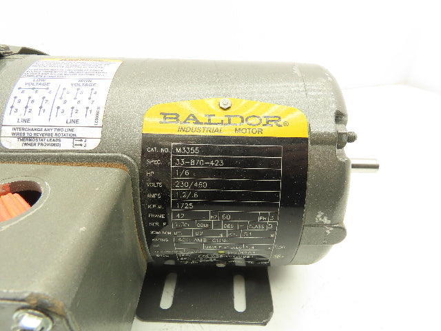 Baldor M3355 AC Motor 1/6Hp 1725 RPM 230/460V 3PH 42 Frame 3/8" Shaft