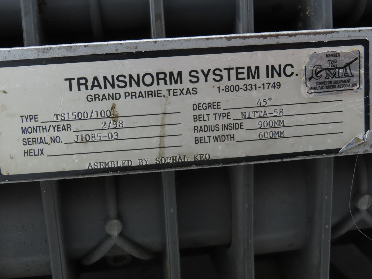 Transnorm TS1500/100 24" Belt Conveyor 45° RH Curve 250 FPM 460V Chain Drive