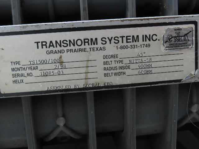 Transnorm TS1500/100 24" Belt Conveyor 45° RH Curve 250 FPM 460V Chain Drive