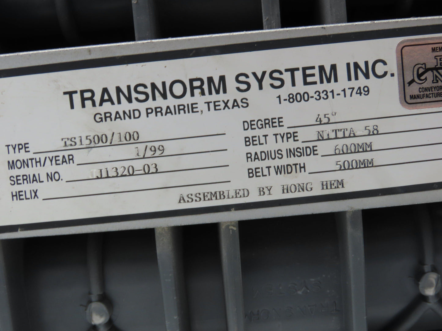 Transnorm TS1500/100 20" Belt Conveyor 45° LH Curve 250 FPM 460V Chain Drive