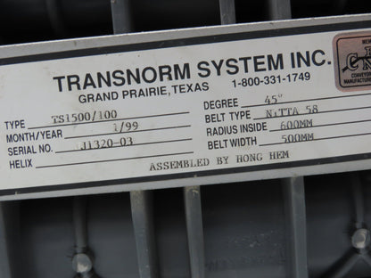 Transnorm TS1500/100 20" Belt Conveyor 45° LH Curve 250 FPM 460V Chain Drive