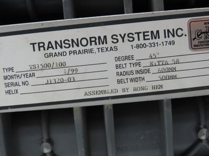 Transnorm TS1500/100 20" Belt Conveyor 45° LH Curve 250 FPM 460V Chain Drive
