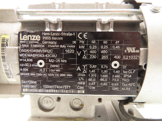 Lenze G50AH045MVBR2C Inline Gearmotor w/Brake 230/460V 3PH 14.8:1 Reducer 113rpm