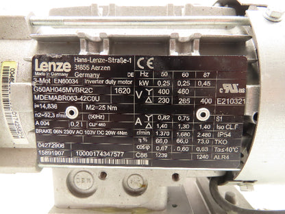 Lenze G50AH045MVBR2C Inline Gearmotor w/Brake 230/460V 3PH 14.8:1 Reducer 113rpm