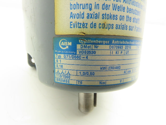 ABM G71/D56C-4 Inline Gearmotor .18kw 230/460V 3PH 13.8:1 Reducer 113rpm