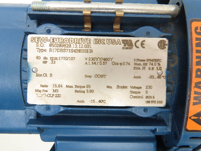Sew Eurodrive R17 DRS71S4BE05HR Gearmotor w/Brake .33Hp 230/460V 15.8:1 107rpm